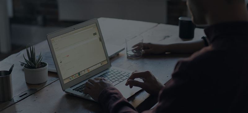 Person arbeitet am Laptop an einem Holztisch, daneben eine Pflanze und ein Glas Wasser