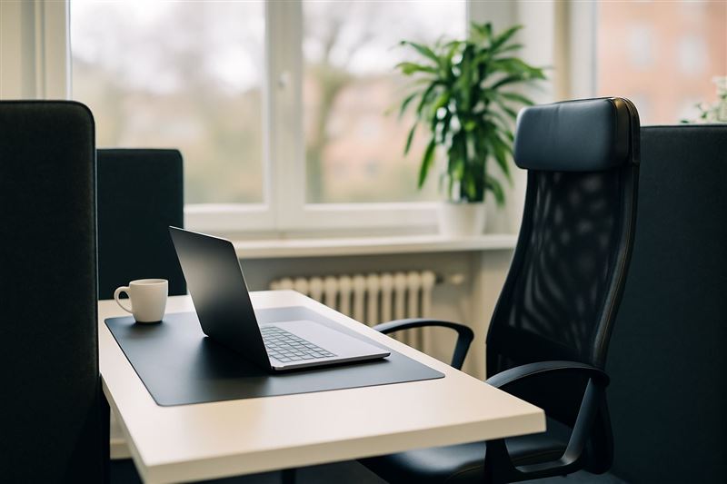 Arbeitsplatz am Fenster mit Laptop und Kaffeetasse
