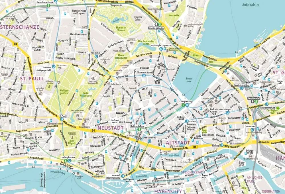Stadtplan der Hamburger Innenstadt mit Sternschanze, St. Pauli, Neustadt, Altstadt und HafenCity